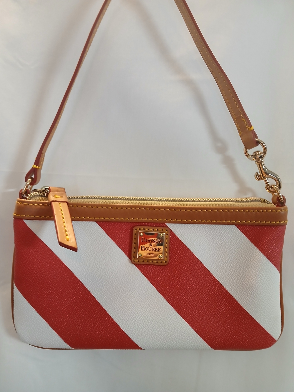 Dooney & Bourke Red, White and Tan Striped Wristlet with Gold Plaque